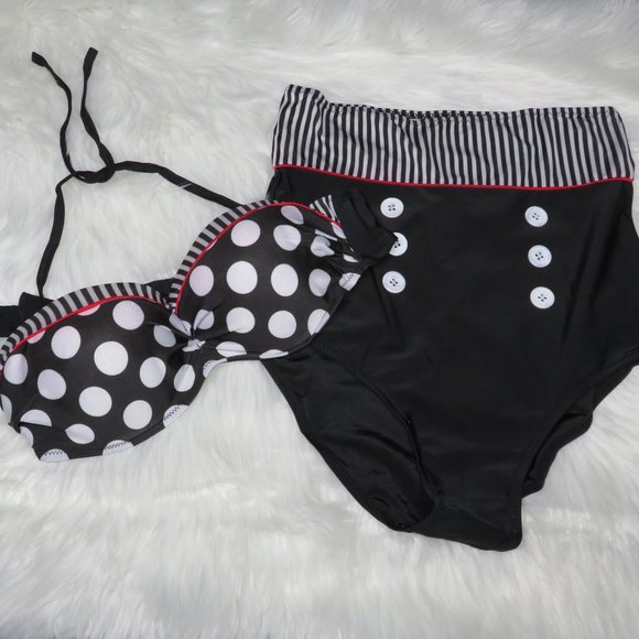 Sailor Style High Waist Halter Tie Bikini Swimsuit - Picture 2 of 5